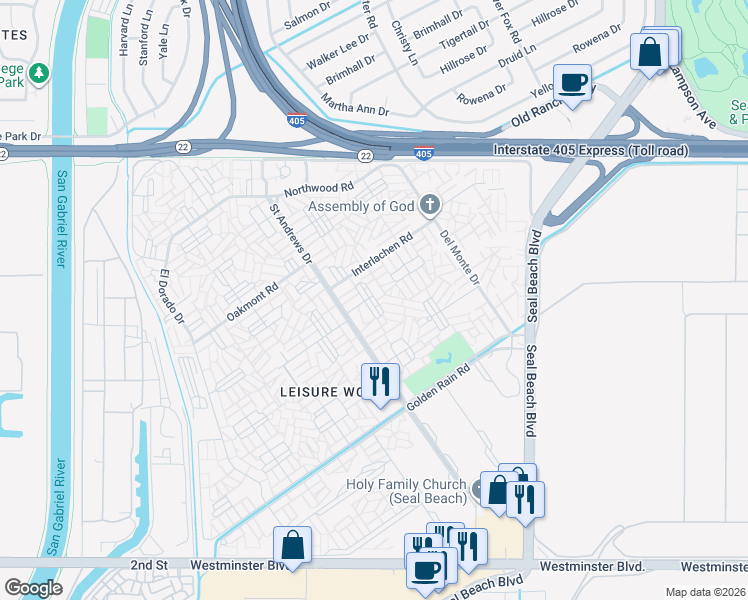 map of restaurants, bars, coffee shops, grocery stores, and more near 1620 Glenview Road in Seal Beach