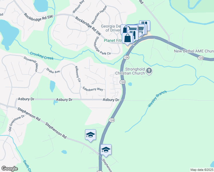 map of restaurants, bars, coffee shops, grocery stores, and more near 850 Asbury Way in Lithonia