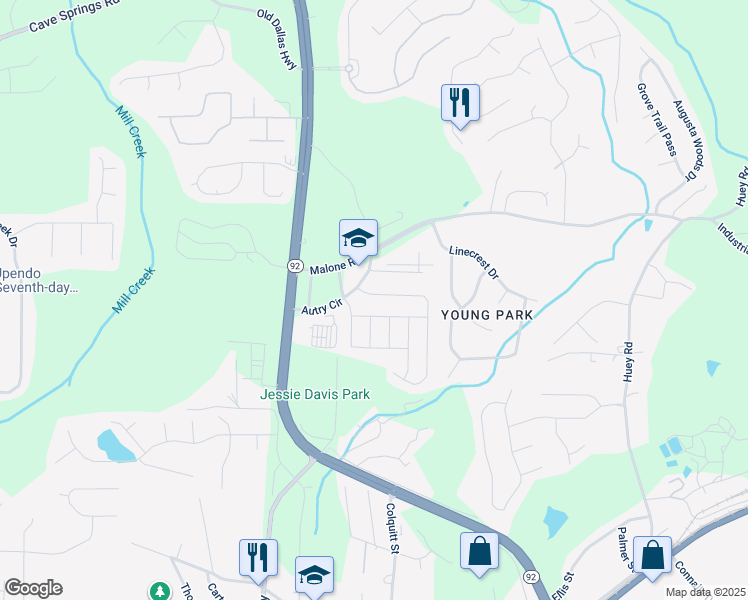 map of restaurants, bars, coffee shops, grocery stores, and more near 6475 Snowbird Lane in Douglasville