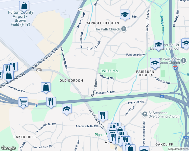 map of restaurants, bars, coffee shops, grocery stores, and more near 530 Bolton Road Northwest in Atlanta