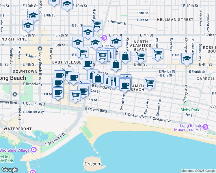 map of restaurants, bars, coffee shops, grocery stores, and more near 1061 East Appleton Street in Long Beach