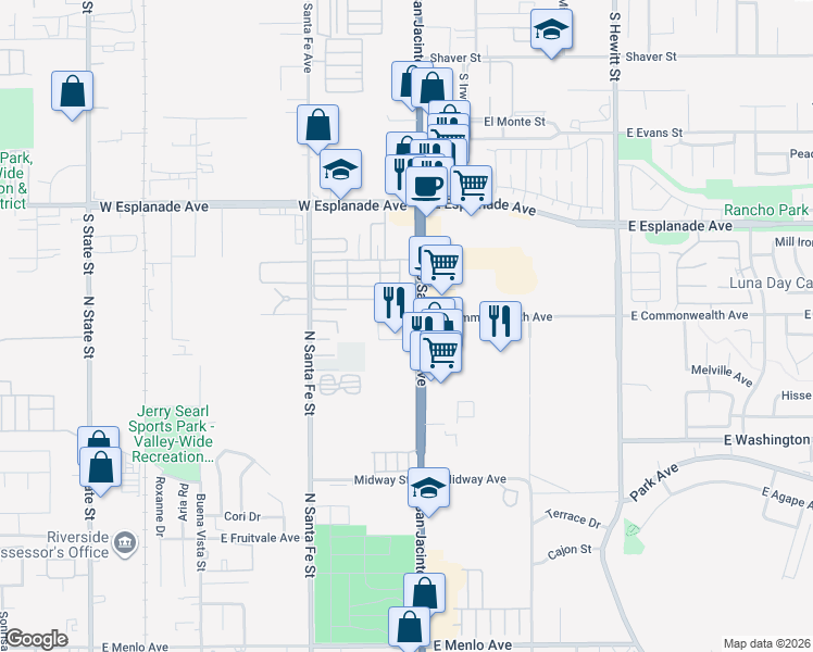 map of restaurants, bars, coffee shops, grocery stores, and more near 1820 South San Jacinto Avenue in San Jacinto