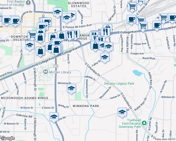 map of restaurants, bars, coffee shops, grocery stores, and more near 117 Shadowmoor Drive in Decatur
