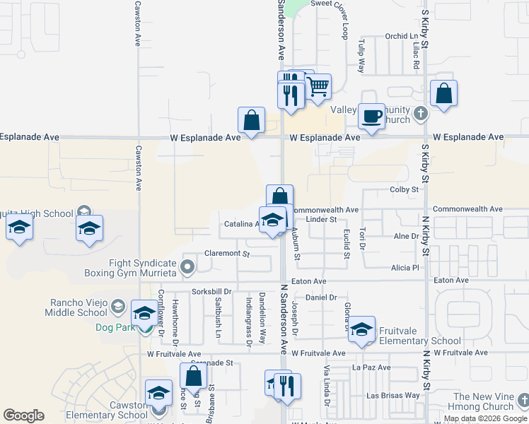 map of restaurants, bars, coffee shops, grocery stores, and more near 1301 North Sanderson Avenue in Hemet