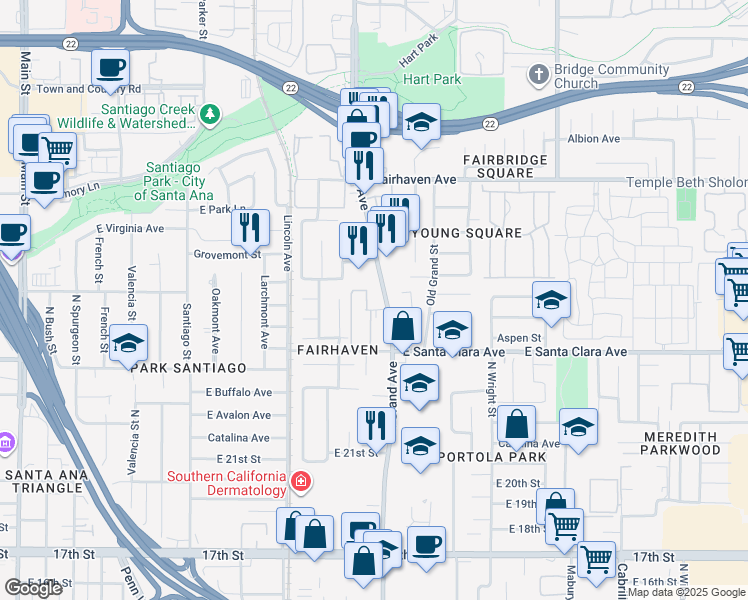 map of restaurants, bars, coffee shops, grocery stores, and more near 2424 North Grand Avenue in Santa Ana