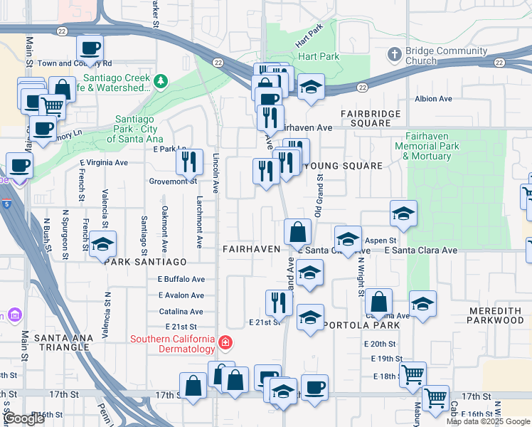 map of restaurants, bars, coffee shops, grocery stores, and more near 1218 East Joana Drive in Santa Ana