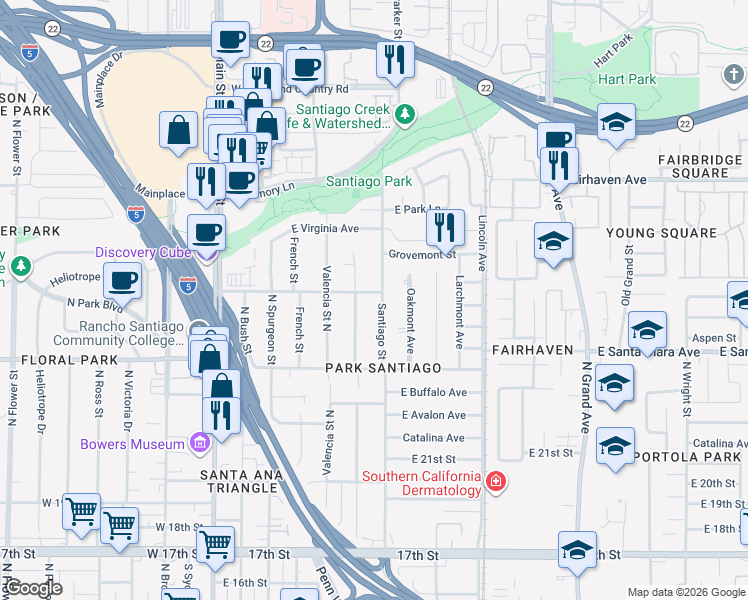 map of restaurants, bars, coffee shops, grocery stores, and more near 2503 Poinsettia Street North in Santa Ana