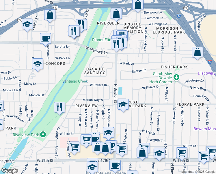 map of restaurants, bars, coffee shops, grocery stores, and more near 1415 West Riviera Drive in Santa Ana