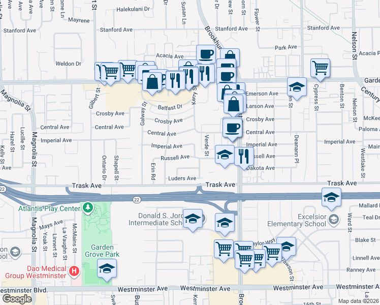 map of restaurants, bars, coffee shops, grocery stores, and more near 13302 Kerry Street in Garden Grove