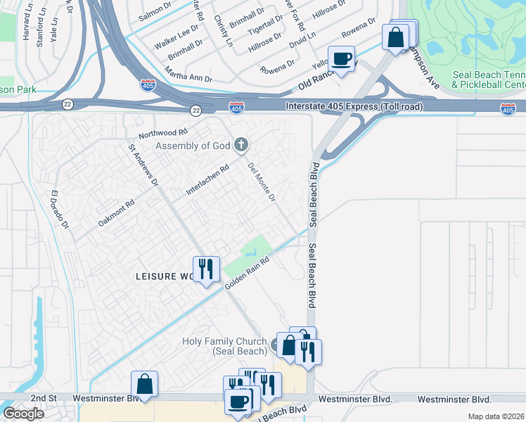 map of restaurants, bars, coffee shops, grocery stores, and more near 1841 Sunningdale Road in Seal Beach