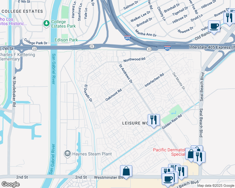 map of restaurants, bars, coffee shops, grocery stores, and more near 1361 Oakmont Road in Seal Beach