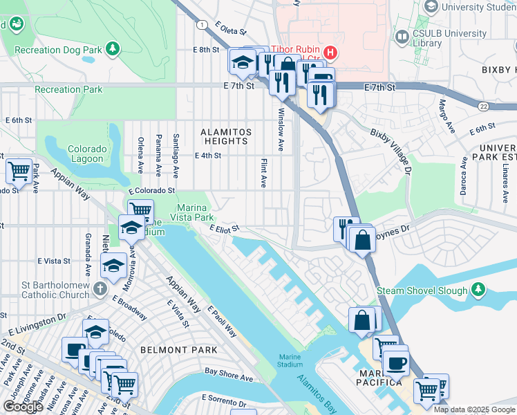 map of restaurants, bars, coffee shops, grocery stores, and more near 341 Flint Avenue in Long Beach