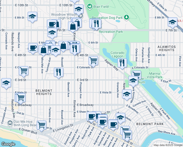 map of restaurants, bars, coffee shops, grocery stores, and more near 337 Roycroft Avenue in Long Beach