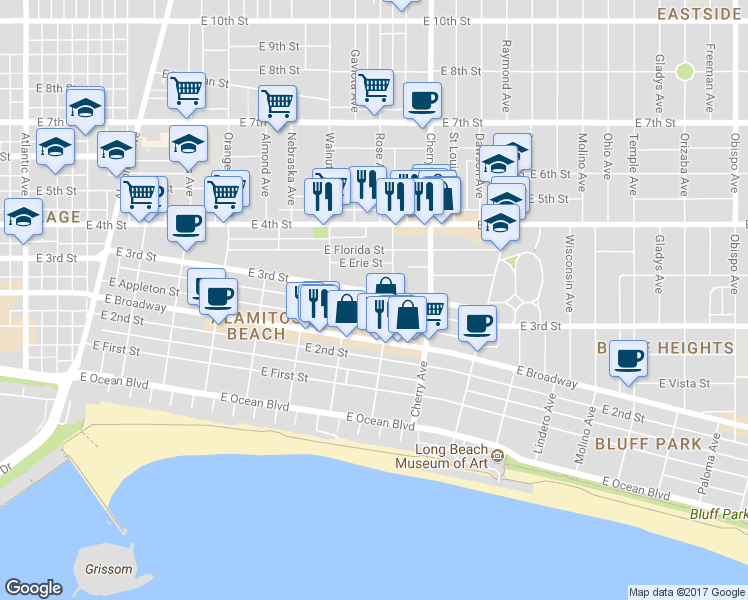 map of restaurants, bars, coffee shops, grocery stores, and more near 1755 East 3rd Street in Long Beach