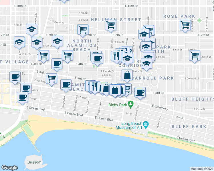 map of restaurants, bars, coffee shops, grocery stores, and more near 1755 East 3rd Street in Long Beach