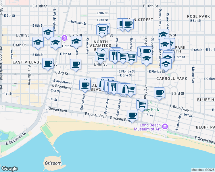 map of restaurants, bars, coffee shops, grocery stores, and more near 1500 East 3rd Street in Long Beach
