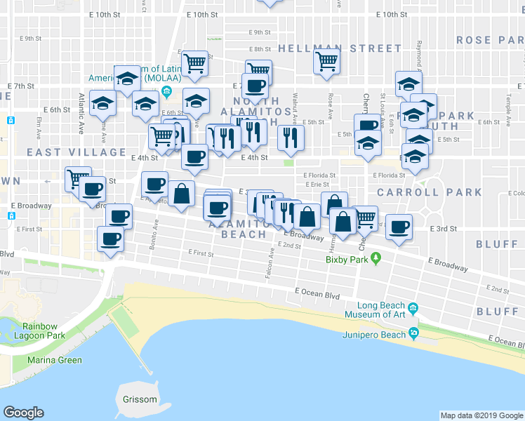 map of restaurants, bars, coffee shops, grocery stores, and more near in Long Beach