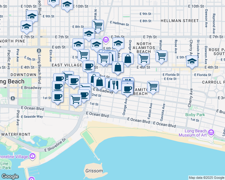 map of restaurants, bars, coffee shops, grocery stores, and more near 1061 East Appleton Street in Long Beach