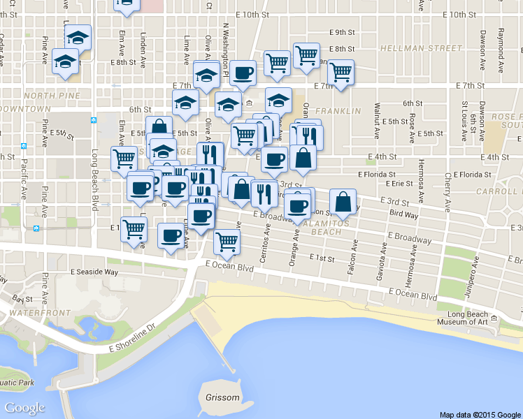 map of restaurants, bars, coffee shops, grocery stores, and more near 1061 East Appleton Street in Long Beach