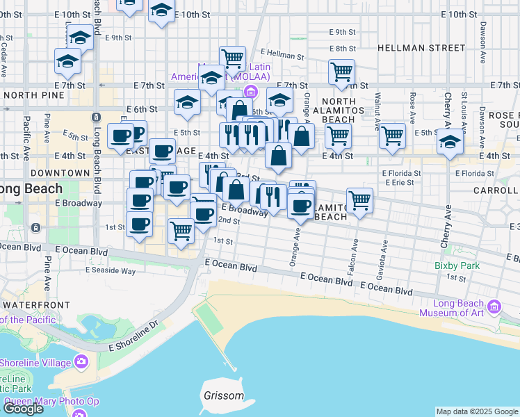 map of restaurants, bars, coffee shops, grocery stores, and more near 1061 East Appleton Street in Long Beach