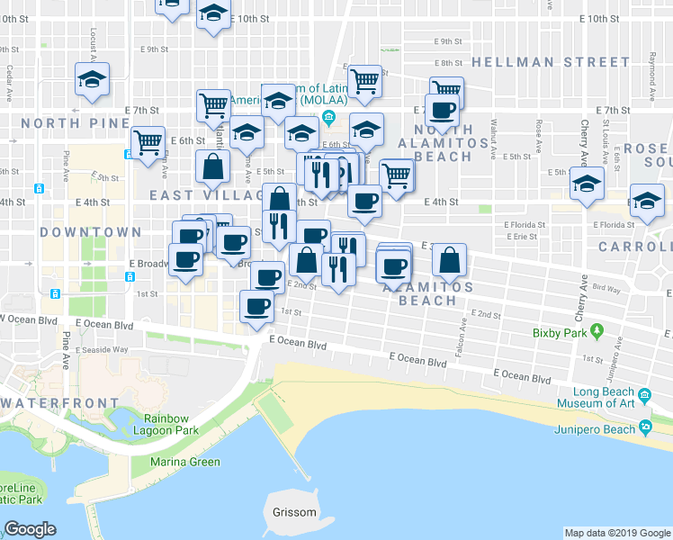 map of restaurants, bars, coffee shops, grocery stores, and more near 1061 East Appleton Street in Long Beach