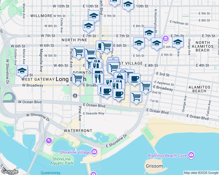map of restaurants, bars, coffee shops, grocery stores, and more near 252 Elm Avenue in Long Beach