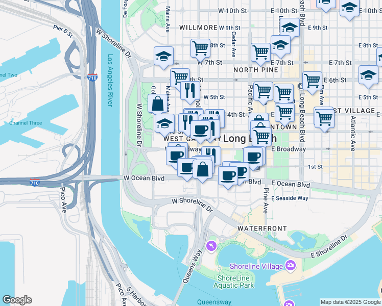 map of restaurants, bars, coffee shops, grocery stores, and more near 505 West Broadway in Long Beach