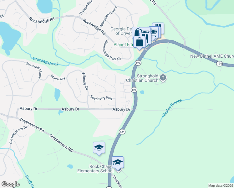 map of restaurants, bars, coffee shops, grocery stores, and more near 850 Asbury Way in Lithonia