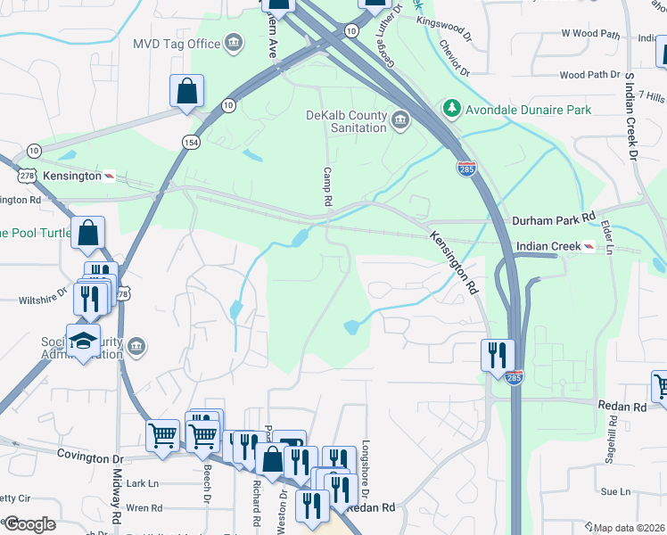 map of restaurants, bars, coffee shops, grocery stores, and more near 879 Porter Road in Decatur