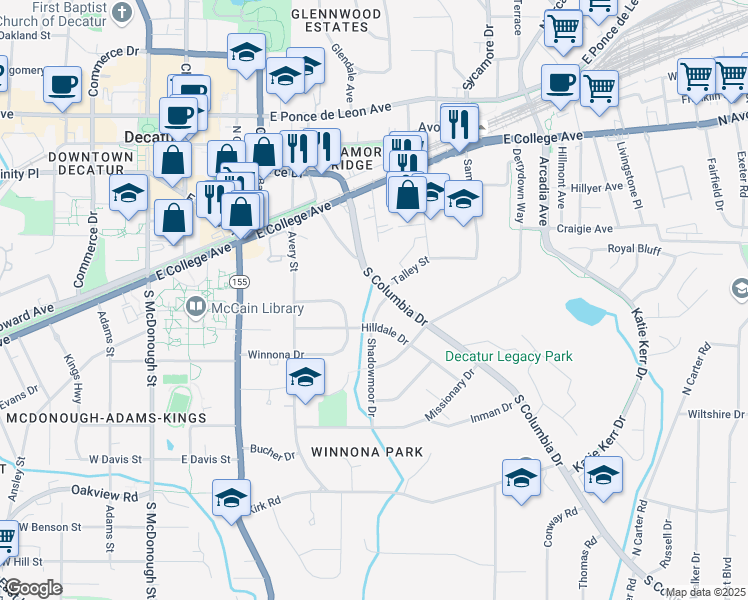 map of restaurants, bars, coffee shops, grocery stores, and more near in Decatur