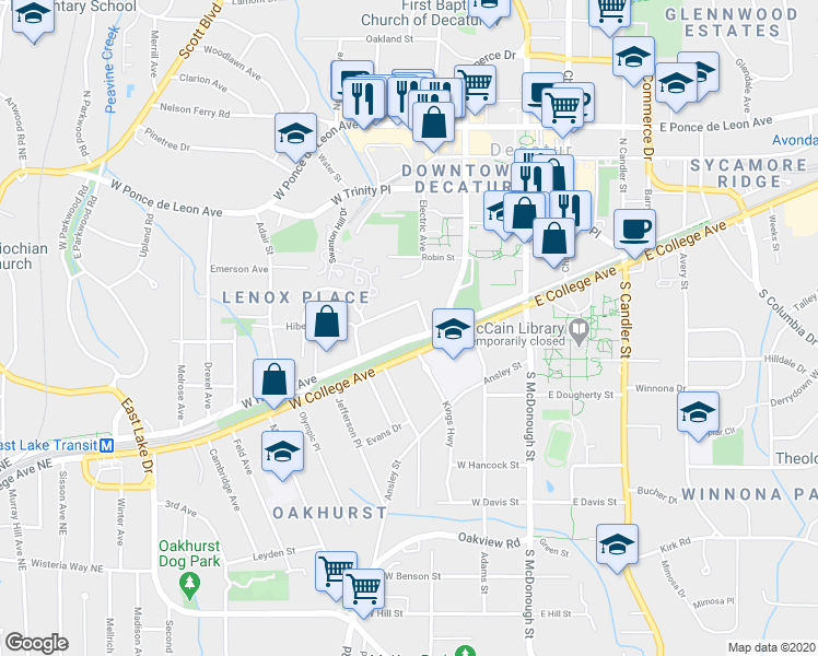 map of restaurants, bars, coffee shops, grocery stores, and more near 243 Greenwood Circle in Decatur