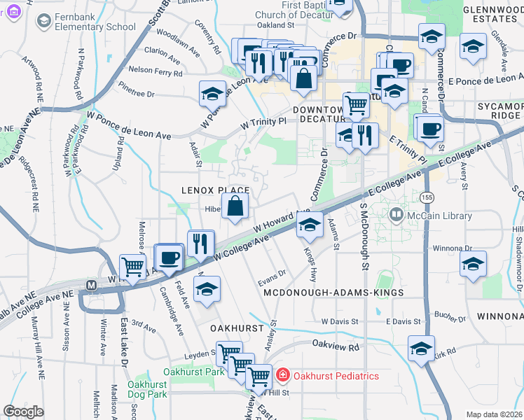 map of restaurants, bars, coffee shops, grocery stores, and more near 101 Hibernia Avenue in Decatur