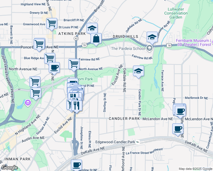 map of restaurants, bars, coffee shops, grocery stores, and more near 559 Candler Street Northeast in Atlanta