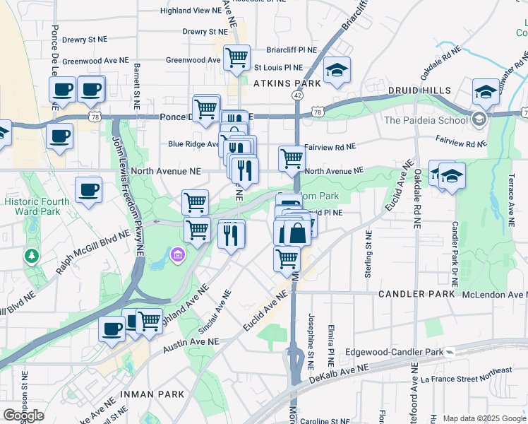 map of restaurants, bars, coffee shops, grocery stores, and more near 550 Seminole Avenue Northeast in Atlanta