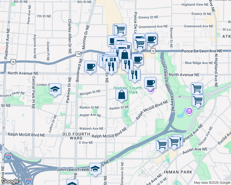 map of restaurants, bars, coffee shops, grocery stores, and more near 3106 Morgan Street Northeast in Atlanta