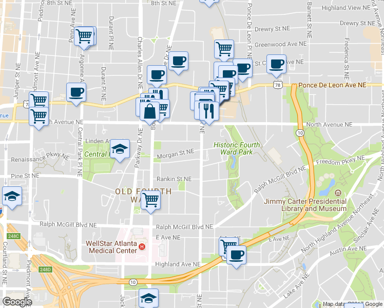 map of restaurants, bars, coffee shops, grocery stores, and more near 571 Morgan Street Northeast in Atlanta