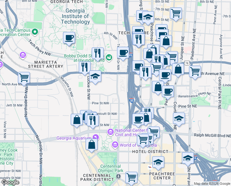 map of restaurants, bars, coffee shops, grocery stores, and more near 543 Centennial Lane in Atlanta
