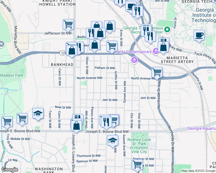 map of restaurants, bars, coffee shops, grocery stores, and more near 523 James P Brawley Drive Northwest in Atlanta