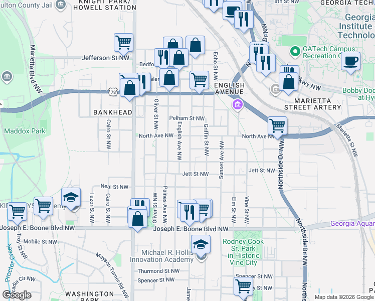 map of restaurants, bars, coffee shops, grocery stores, and more near 543 Chestnut Street Northwest in Atlanta