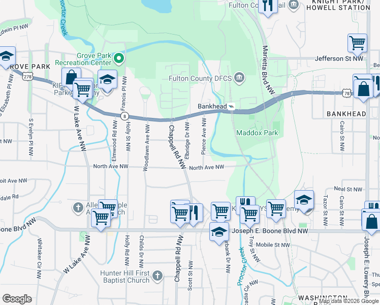 map of restaurants, bars, coffee shops, grocery stores, and more near 491 Elbridge Drive Northwest in Atlanta