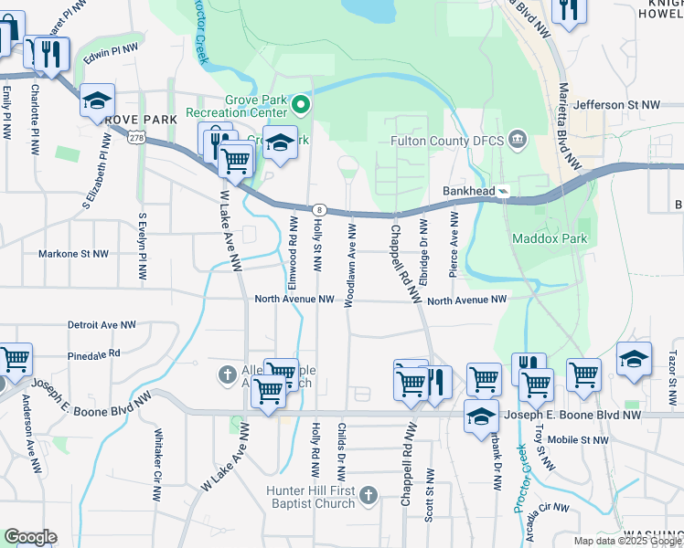map of restaurants, bars, coffee shops, grocery stores, and more near 510 Woodlawn Avenue Northwest in Atlanta