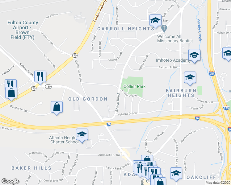 map of restaurants, bars, coffee shops, grocery stores, and more near 530 Bolton Road Northwest in Atlanta