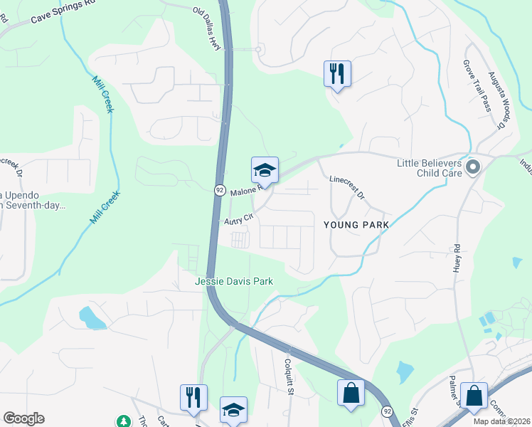 map of restaurants, bars, coffee shops, grocery stores, and more near 6459 Snowbird Lane in Douglasville