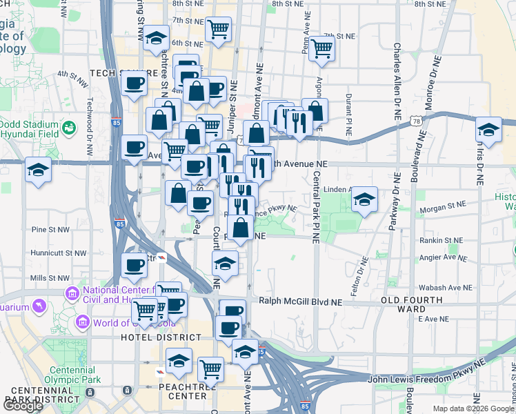 map of restaurants, bars, coffee shops, grocery stores, and more near in Atlanta
