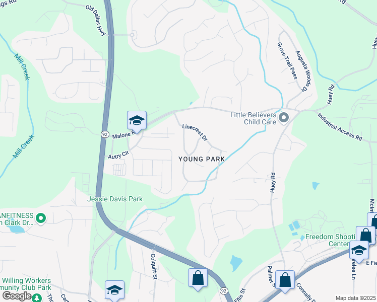 map of restaurants, bars, coffee shops, grocery stores, and more near 7685 Mountain Creek Way in Douglasville