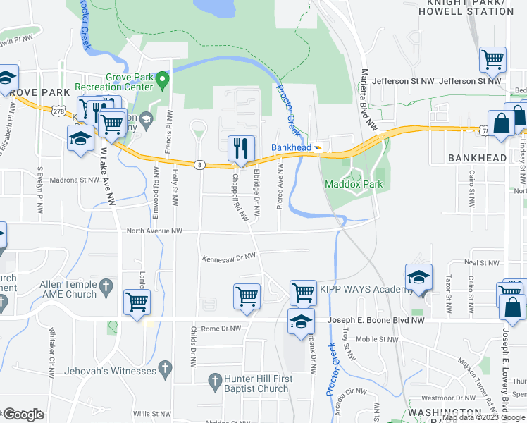 map of restaurants, bars, coffee shops, grocery stores, and more near 517 Elbridge Drive Northwest in Atlanta
