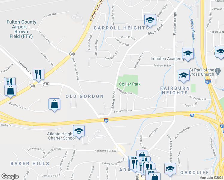 map of restaurants, bars, coffee shops, grocery stores, and more near 530 Bolton Road Northwest in Atlanta