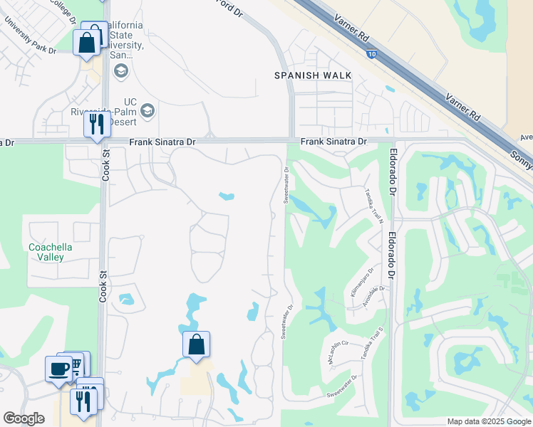 map of restaurants, bars, coffee shops, grocery stores, and more near 359 Desert Falls Drive East in Palm Desert