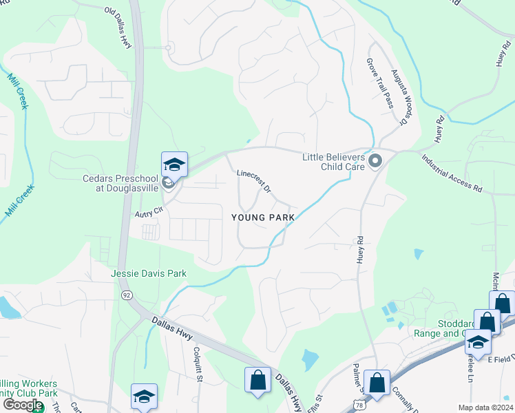 map of restaurants, bars, coffee shops, grocery stores, and more near 7674 Mountain Creek Way in Douglasville