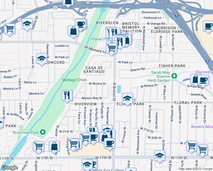 map of restaurants, bars, coffee shops, grocery stores, and more near 1415 West Riviera Drive in Santa Ana